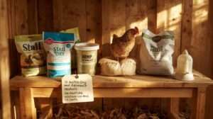 10 Best Stall-Dry and Absorbent Bedding Products for Moisture Control in US Coops – Stall DRY, pine pellets, hemp bedding, zeolite, and straw arranged on a coop workbench with a clean, dry coop floor in background, top picks for healthy chicken bedding