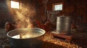 Keeping chicken water from freezing – heated bowl and cookie-tin heater in winter coop with hens drinking