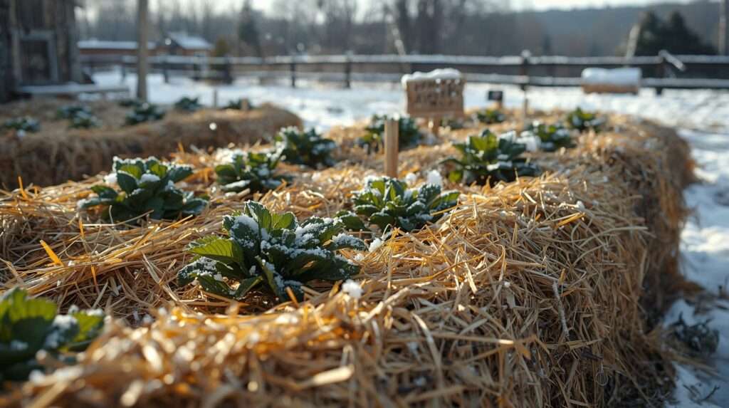 Helping strawberries survive winter – mulched raised bed with snow cover and hardy varieties ready for spring