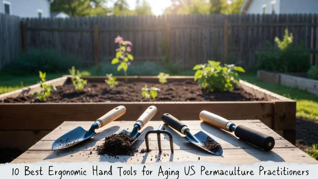 10 Best Ergonomic Hand Tools for Aging US Permaculture Practitioners – Comfortable, joint-friendly gardening trowels, weeders, and cultivators arranged on a backyard table, top picks for reducing strain and enjoying permaculture gardening longer