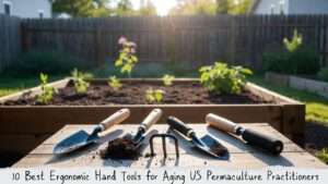 10 Best Ergonomic Hand Tools for Aging US Permaculture Practitioners – Comfortable, joint-friendly gardening trowels, weeders, and cultivators arranged on a backyard table, top picks for reducing strain and enjoying permaculture gardening longer