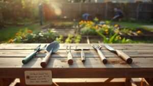 10 Best Shared Tool Sets for US Community Permaculture Projects and Gardens – Ergonomic trowels, weeders, hoes, cultivators, and hori hori knives arranged on a garden workbench with a thriving community bed in background, top picks for collaborative, durable gardening tools
