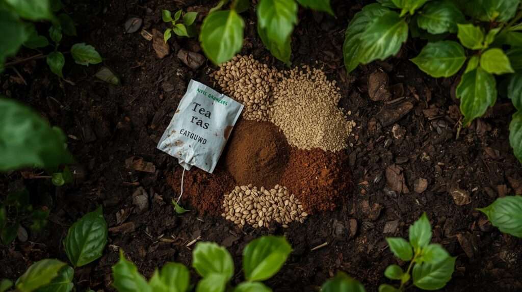 Tea bags and coffee grounds in the garden