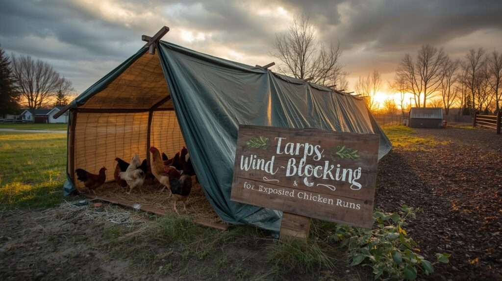 Protected chicken run using wind-blocking tarps and fabrics during a windy winter day with the sign “10 Best Wind-Blocking Tarps and Fabrics for Exposed Chicken Runs” – featured image for the guide on the best wind-blocking solutions for US chicken keepers.