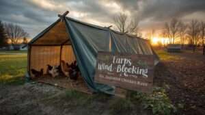 Protected chicken run using wind-blocking tarps and fabrics during a windy winter day with the sign “10 Best Wind-Blocking Tarps and Fabrics for Exposed Chicken Runs” – featured image for the guide on the best wind-blocking solutions for US chicken keepers.