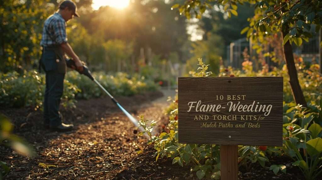 Gardener using a flame-weeding torch on mulch paths in a thriving US permaculture garden with the sign “10 Best Flame-Weeding and Torch Kits for Mulch Paths and Beds” – featured image for “10 Best Flame-Weeding and Torch Kits for US Mulch Paths and Beds in 2026” guide.