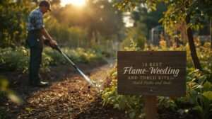 Gardener using a flame-weeding torch on mulch paths in a thriving US permaculture garden with the sign “10 Best Flame-Weeding and Torch Kits for Mulch Paths and Beds” – featured image for “10 Best Flame-Weeding and Torch Kits for US Mulch Paths and Beds in 2026” guide.