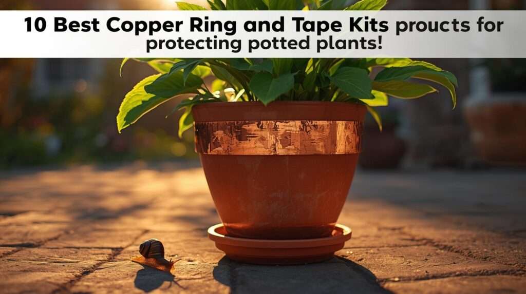 A lush, healthy potted plant protected from slugs by a gleaming copper tape barrier on a patio, serving as the featured image for a guide on the best copper ring and tape kits.