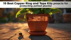 A lush, healthy potted plant protected from slugs by a gleaming copper tape barrier on a patio, serving as the featured image for a guide on the best copper ring and tape kits.