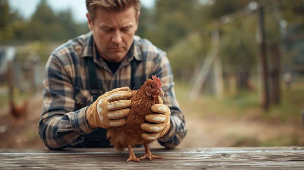 A farmer examines a brown chicken showing signs of an emergency on an agricultural farm.