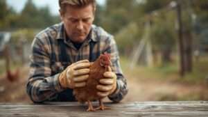 A farmer examines a brown chicken showing signs of an emergency on an agricultural farm.