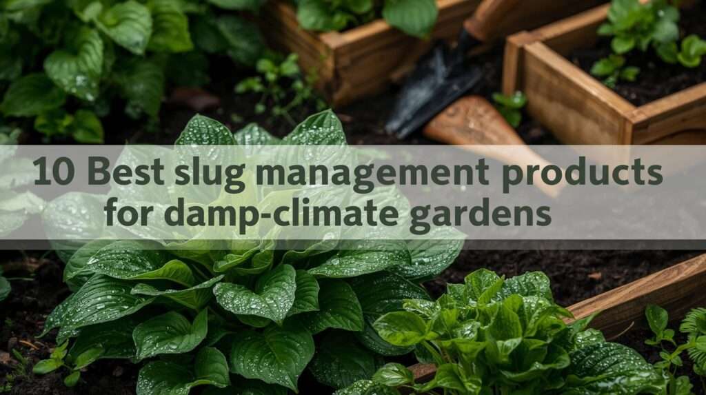 A lush, healthy, pest-free garden with dew-covered hostas and raised beds, serving as the featured image for a guide on top slug management products