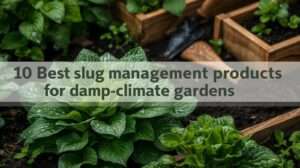 A lush, healthy, pest-free garden with dew-covered hostas and raised beds, serving as the featured image for a guide on top slug management products