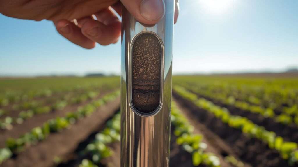 An intact vertical core of dark rich topsoil inside the open window of a stainless steel soil testing probe.