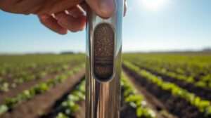 An intact vertical core of dark rich topsoil inside the open window of a stainless steel soil testing probe.