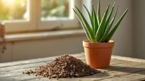 A healthy upright aloe vera plant in a terracotta pot next to a fast-draining aloe vera potting soil mix containing pumice and perlite.