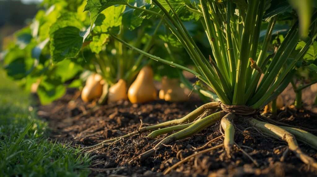 A healthy butternut squash vine showing adventitious roots growing into the soil to provide resistance against vine borers.