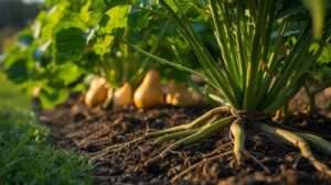 A healthy butternut squash vine showing adventitious roots growing into the soil to provide resistance against vine borers.