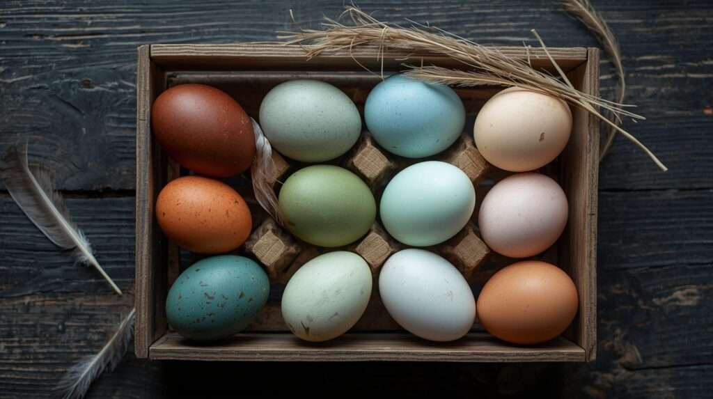 A speckled olive egg showing the combination of blue shell genetics, brown overlay, and the speckling trait from a Welsummer cross.
