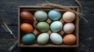 A speckled olive egg showing the combination of blue shell genetics, brown overlay, and the speckling trait from a Welsummer cross.