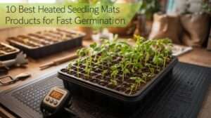 A healthy tray of young vegetable seedlings sprouting vigorously on a black heated seedling mat with a digital thermostat, featured image for an article on top seed starting products