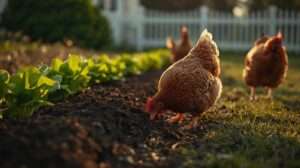 Two lost neighbors’ chickens wandering through a residential vegetable garden at sunset, illustrating livestock trespass.