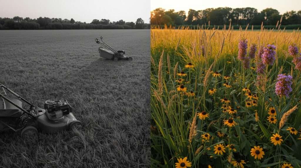 A dramatic visual comparison of a traditional grass lawn vs a successful lawn-to-prairie transformation featuring native wildflowers and grasses.