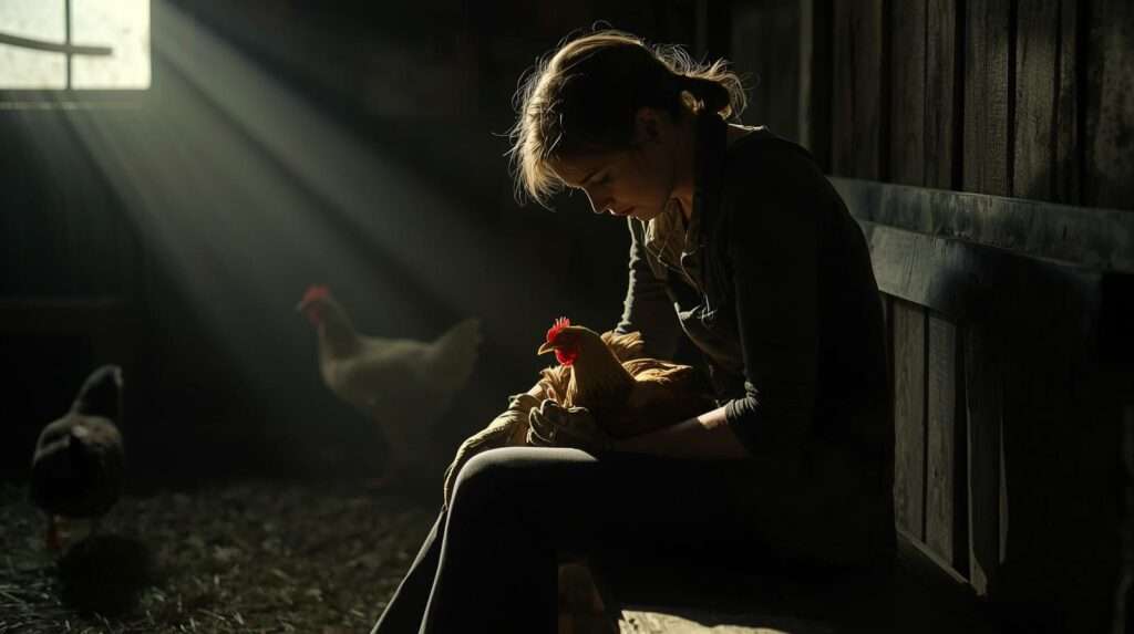 A compassionate poultry keeper cradling a sick hen in a rustic coop, representing the emotional side of chicken health crises.
