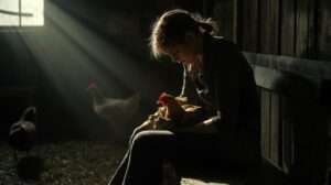 A compassionate poultry keeper cradling a sick hen in a rustic coop, representing the emotional side of chicken health crises.