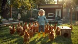 A child in yellow boots holding a basket of eggs in a well-managed backyard with chickens, demonstrating realistic hygiene rules and zoning.