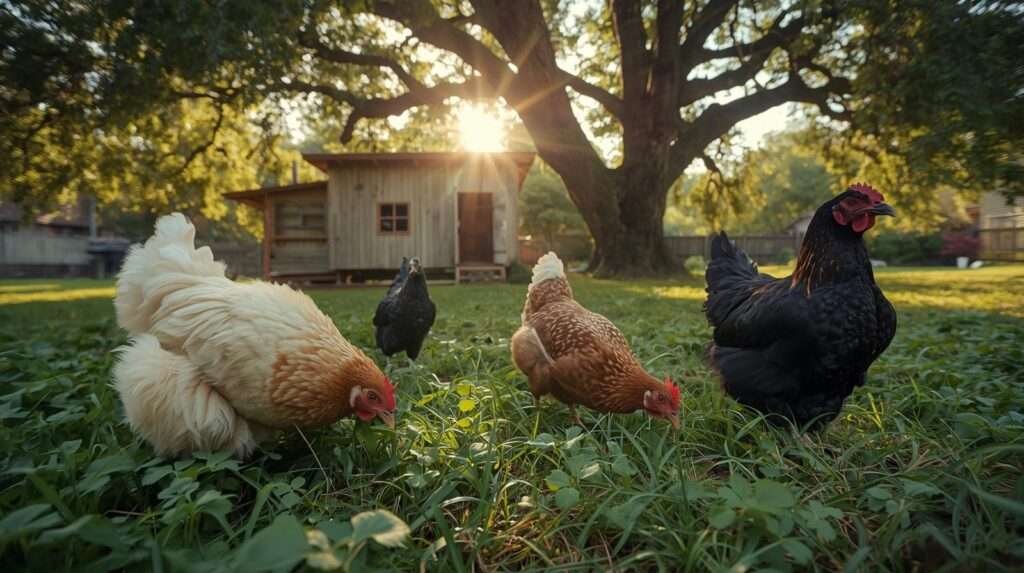 A mixed flock of calm, hardy beginner-friendly chicken breeds grazing in a sunny backyard next to a wooden coop.