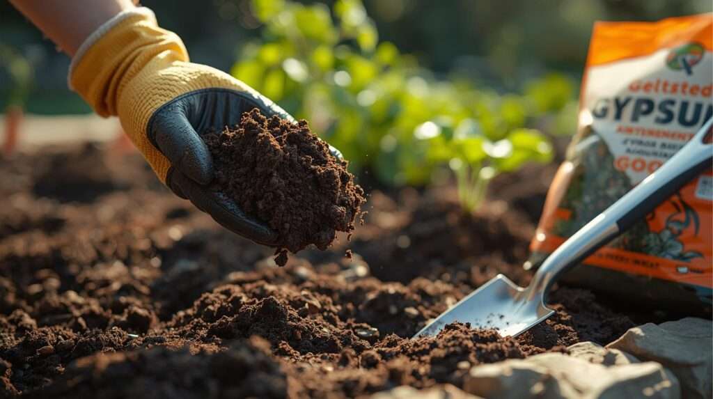 A handful of rich crumbly soil showing improved aggregate structure and drainage after using gypsum for clay soil.