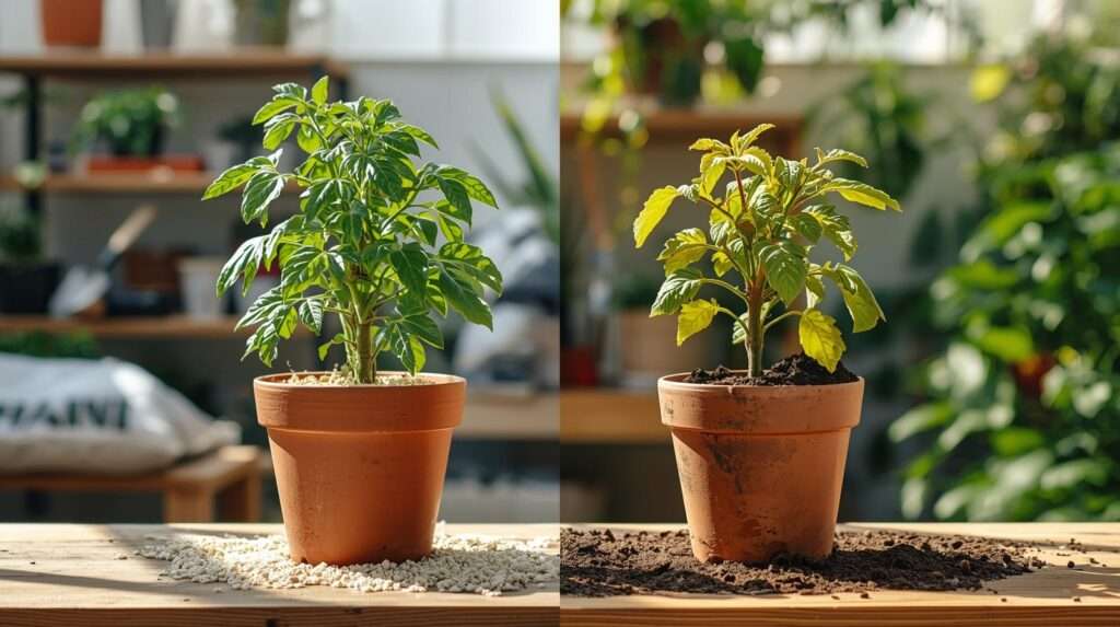 A healthy green plant in porous potting mix contrasted against a wilted yellowing plant in heavy compacted muddy garden soil.
